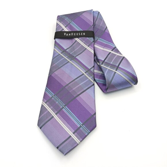 Van Heusen Silk Tie Men’s 60” Purple Spinner Lake Plaid Preppy Classic New - Picture 2 of 3